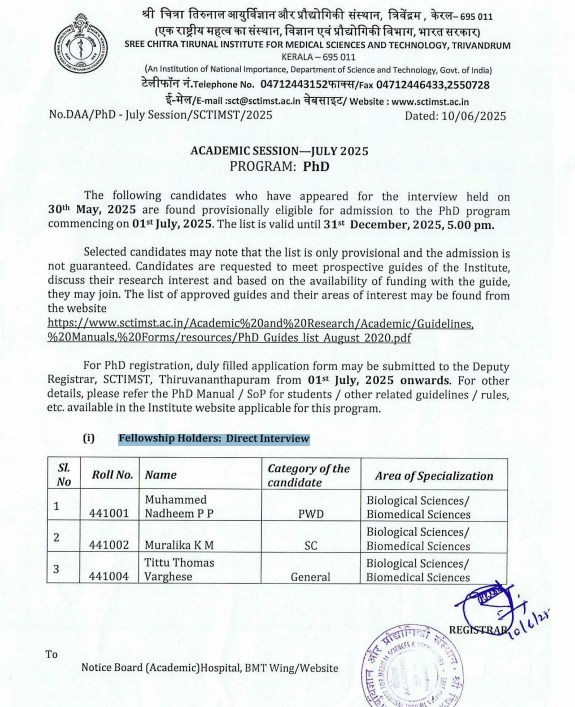 Fellowship Holders (Direct Interview) - PhD, Academic Session (July 2025), dated 10.06.2025