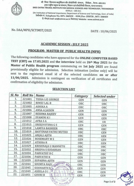 Selection List - Master of Public Health (MPH), Academic Session (July 2025), dated 10.06.2025