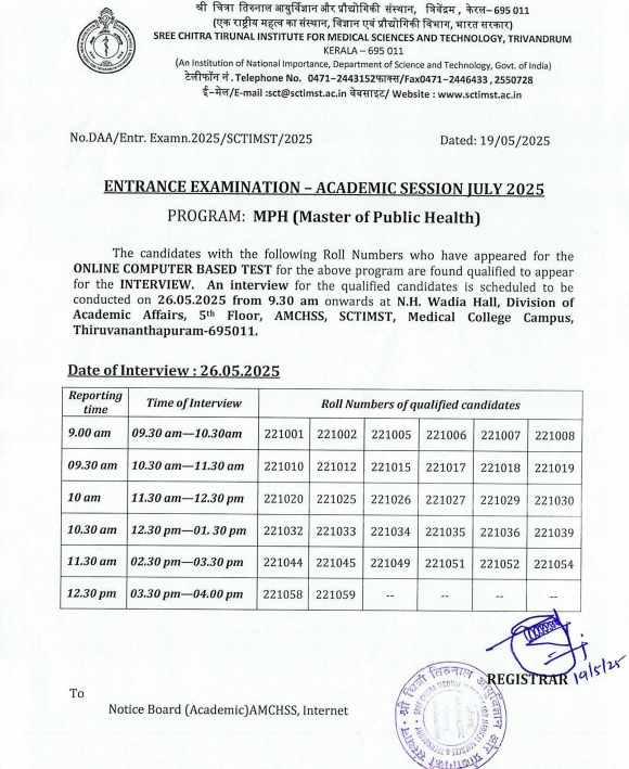 Entrance Examination Result and Time schedule for interview of MPH 2025 July Admission, dated 19.05.2025